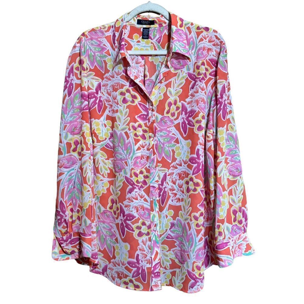CHAPS Shirt Womens 2X Multicolor Bright Floral Button Up Collared Top Blouse